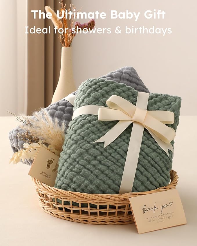 Yoofoss Hooded Baby Towels for Newborn 2 Pack 100% Muslin Organic Cotton Baby Bath Towel with Hood for Babies, Infant, Toddler and Kids,37.5“x37.5“,Soft and Absorbent Newborn Essential,Grey&Dark Green