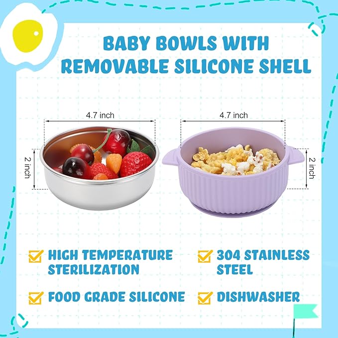 Nuogo 6 Pcs Stainless Steel Baby Bowls with Removable Silicone Shell 304 Toddler Bowls Kids Anti Scald Snack Container for Food Feeding, Dishwasher Safe(Multicolor,Suction-c)