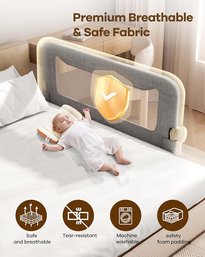Foldable Bed Rail for Toddlers, 47in Reinforced Carbon Steel Frame&Connectors, Breathable Cationic Fabric, Safety Toddler Bed Rails for Queen, King, Twin, Full, No-Tool Setup.