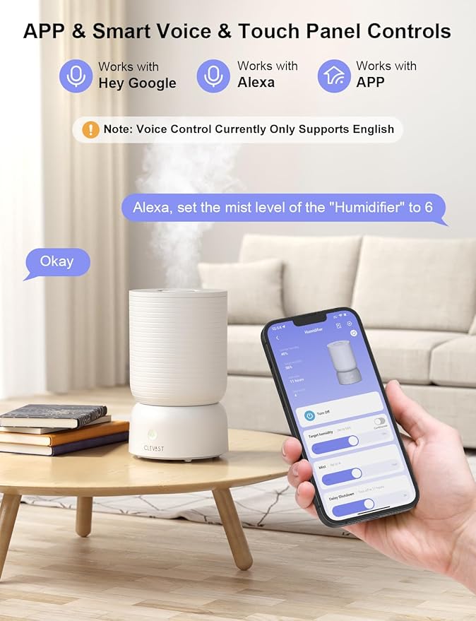 CLEVAST Smart Humidifiers for Bedroom, Top Fill 3L Cool Mist Quiet Ultrasonic Humidifier with Essential Oil Diffuser, Humidity Control, Wi-Fi Air Humidifier for Baby, Home, Compatible with Alexa