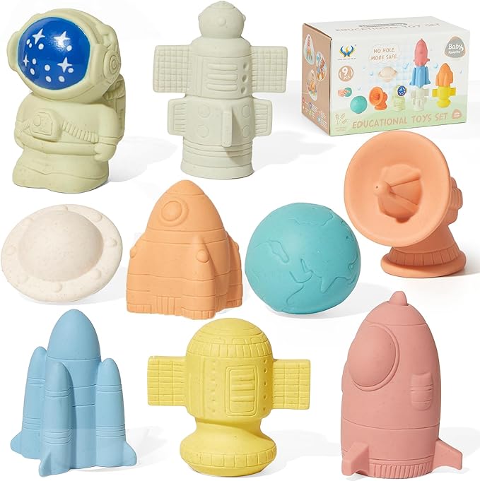 Mold-Free & No Holes Bath Toys 9 Pack | Safe Astronaut & Rocket Ship Toys for Babies 6-12M & Toddlers 1-3Y | Bathtub Pool Float Toys for Boys Girls