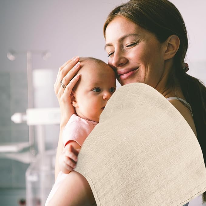 Preboun 6 Pcs Muslin Hooded Baby Towels and Washcloths 32"x 32" Cotton Newborn Bath Towel Anti-Shrink Infant Baby Blankets with Hood 12"x 12" Washcloths for Girl Boy Toddler(Ivory,Pink)