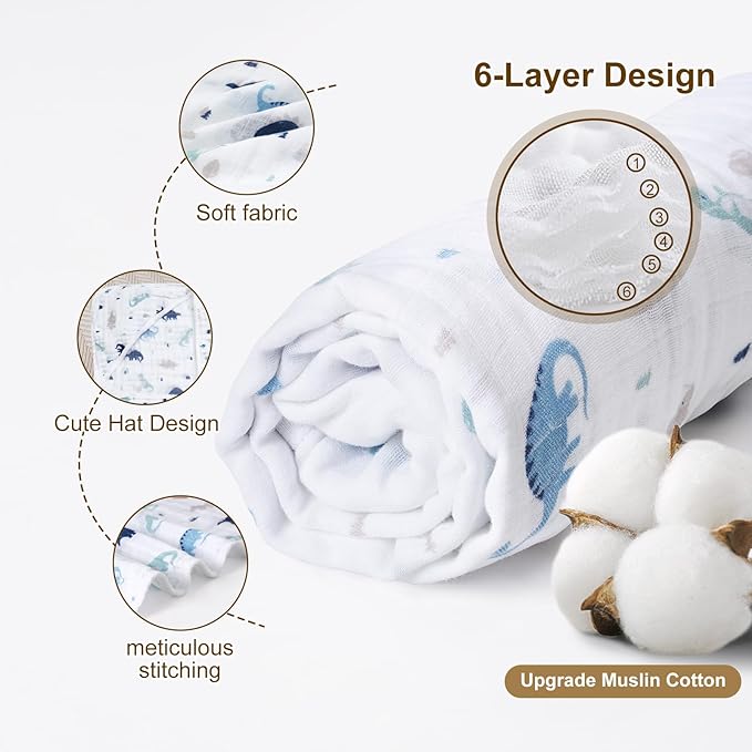 david's kids 2 Pack Hooded Baby Towels, 100% Muslin Cotton 6-Layer Ultra Soft Breathable Absorbent Baby Bath Towels for Infant and Toddler, Newborn Essentials, Large 32x32Inch, Dinosaur