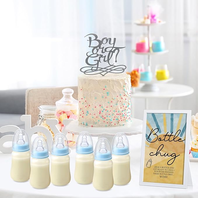 Roowest Bottle Chug Baby Shower Game Favors Including 18 Pcs Feeding Bottles with 1 Sun Theme Bottle Chug Wooden Sign for Gender Reveal Baby Shower Party Supplies