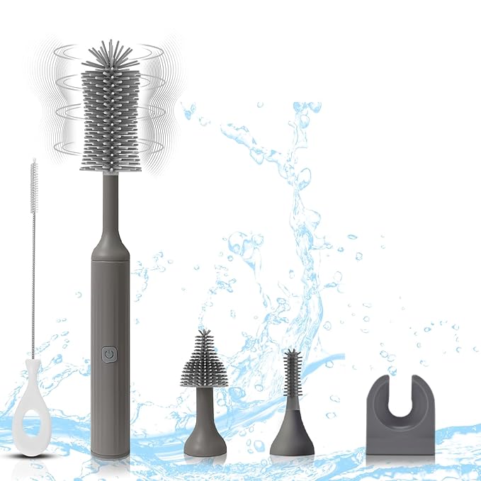 Electric Baby Bottle Brush Set with Rechargeable Electric Bottle Brush Cleaner and Replaceable Silicone Bottle Brushes and Straw Brush Cleaner, Waterproof Multi-Purpose Cleaning Brush（Grey）