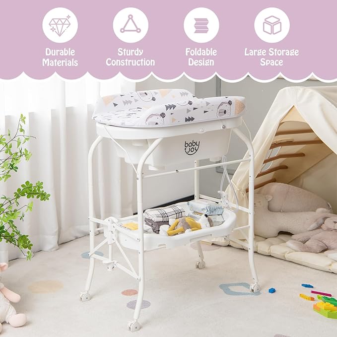 BABY JOY Baby Bathtub with Changing Table, Foldable Infant Diaper Changing Station with Storage Tray, Waterproof Pad, Portable Newborn Nursery Organizer Bath Stand with 4 Universal Wheels (White)