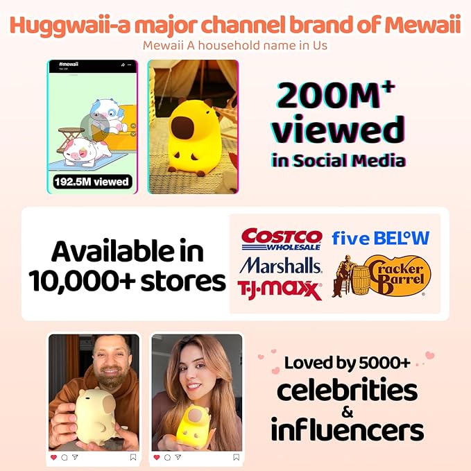 Huggwaii Squishy Capybara Night Light for Kids - Soft Silicone Tap-Control Kids Night Light with 2 Brightness Levels & 20-Min Timer, Cute Lamp for Nursery Bedroom Decor, Baby Gift (1200mAh Battery)