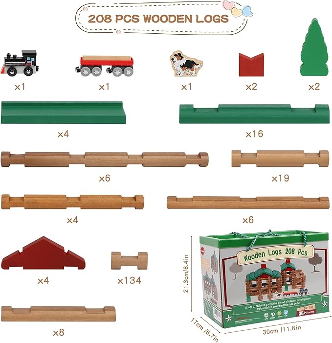 Wondertoys 208 Pcs Wooden Log Set - Classic Building Logs Ages 3+ - Best Retro Building Gift Set for Boys - Creative Construction Engineering Educational Gifts