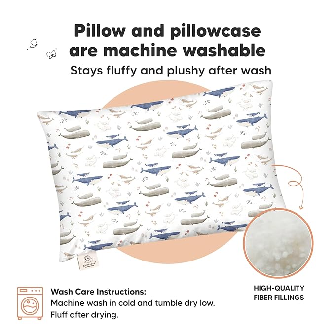 Toddler Pillow with Pillowcase - 13x18 My Little Dreamy Kids Travel Bed Pillows for Sleeping, Organic Cotton Small Pillowcase, Soft & Breathable, Machine Washable, Toddlers 2-5 Years Old (Marine)