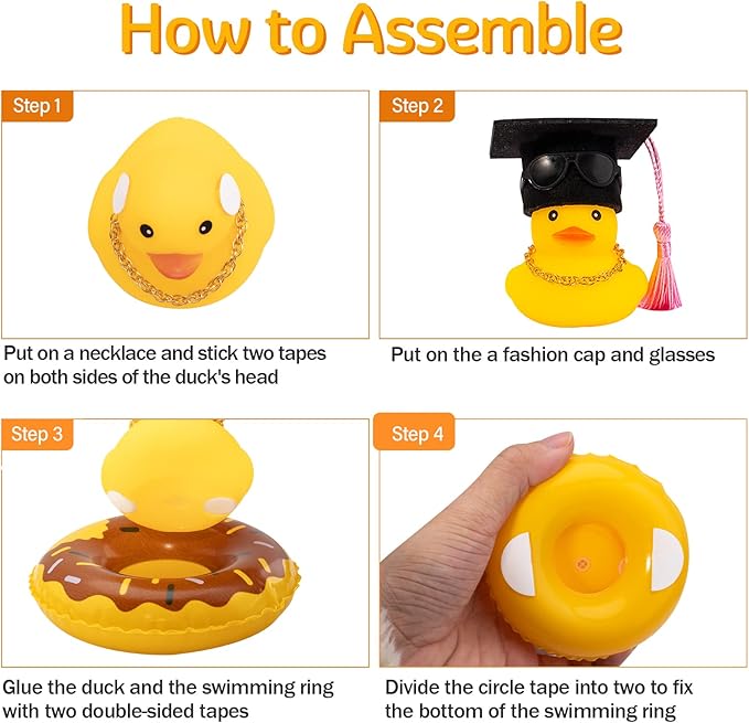 wonuu Car Rubber Duck, Yellow Duck Decoration Dashboard with Sun Hat Swim Ring Necklace Sunglasses for Car Dashboard Decorations, Black Top Hat Pink-Donut