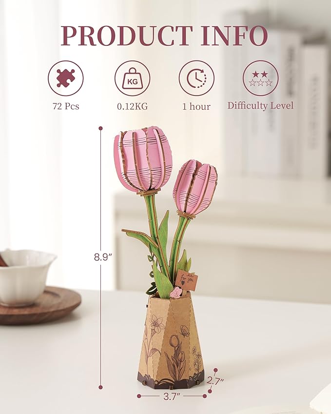 3D Flower Wooden Puzzles for Adults-Pink Tulip, DIY Wooden Flowers Model Kit Building Set Crafts for Adults to Build, Botanical Collection/Ideal Creative Gift Ideas/Housewarming (72PCS)