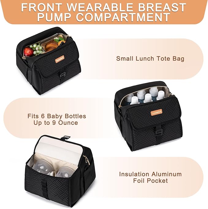 Breast Milk Cooler Bag with Ice Pack Fits 6 Bottles Milk Up to 9 Ounce, Breast Pump Cooler Bag for Nursing Mom Daycare, Work&Travel, Black