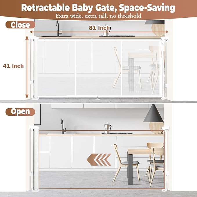 81" Retractable Baby Gate Extra Wide, 41" Tall Retractable Dog Gate for Stairs, Doorways, Decks, Mesh Gate Long Child Gate Pet Gate for Indoor, Outdoor, with Reinforced Mesh Rods, Dual Locks