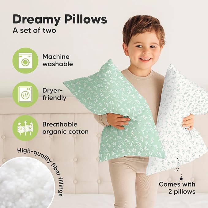 KeaBabies 2-Pack Toddler Pillow 13x18 - Soft Organic Cotton Kids Travel Bed Pillows for Sleeping, School, Nap, Machine Washable, Toddlers 2 to 5, Pillowcase Sold Separately (DinoLand)