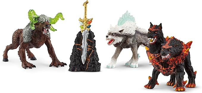 Schleich Eldrador Creatures - 5 PC Fantasy Creature Set - Ice Wolf, Lava Hound, Rock Beast and Sword Figure Playset - Animal Monster Figurines for Boys and Girls - Durable Fun Toys for Kids Ages 7+