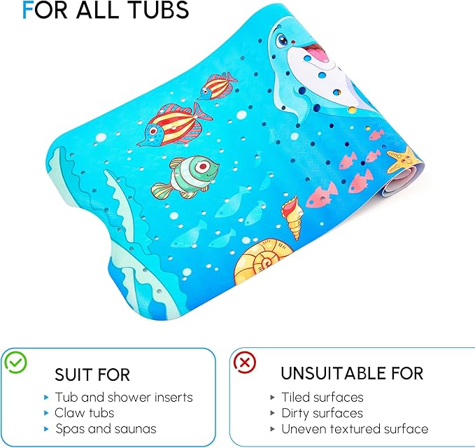 Vannokor Baby Bath Mat for Tub Non Slip Kids, 40 X 16 Inch Extra Long Bathtub Mat with Drain Holes and Suction Cups, Anti Slip Shower Mat Machine Washable, Dolphin
