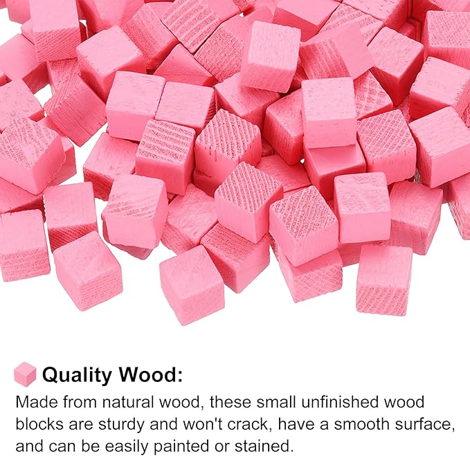 uxcell 300Pcs Wood Blocks for Crafts, 1cm Unfinished Wood Cube Solid Wooden Blank Square Block for DIY Craft Projects Personalized Gifts, Pink