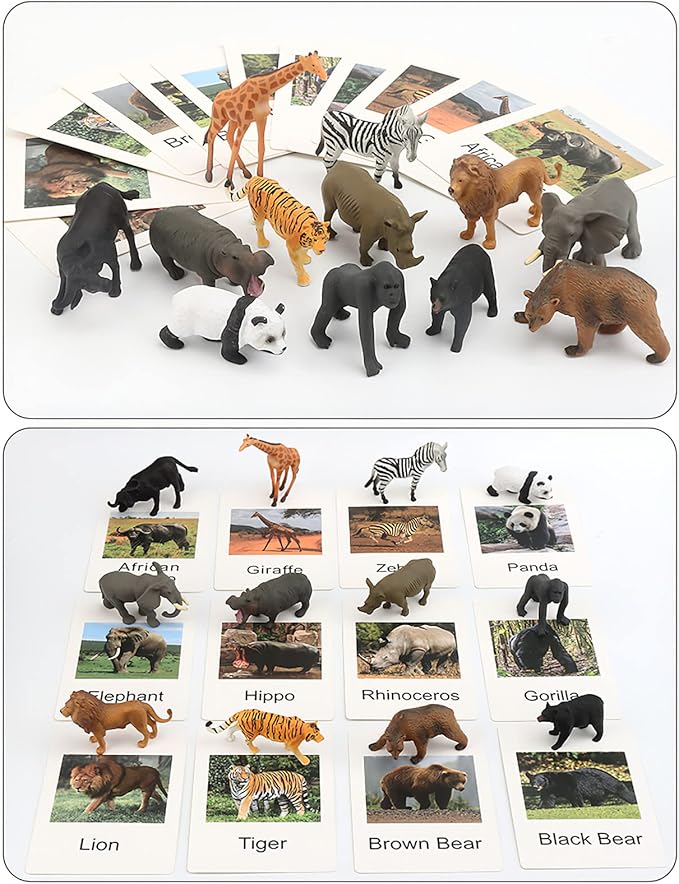 Small Montessori Animal Figures with Flash Cards, Realistic Animal Figurines Toys, Montessori Materials Homeschool Preschool Science Educational Matching Game for Toddler Kids (Zoo)