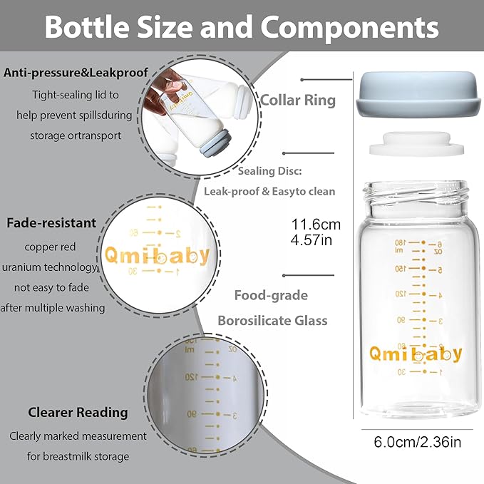 Breast Milk Storage Bottles 180ml 6oz BPA-Free Leak-Proof Baby Bottle for Breastmilk Storage Wide Neck Bottles with Screw Ring Sealing Disk Breastfeeding (Grey+Pink, 180ml-4Packs)