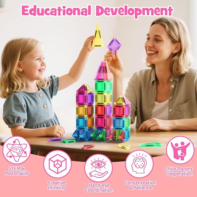 Travel Magnetic Tiles Building Set 60 PCS Transparent 3D Magnetic Blocks with Construction Board STEM Educational Building Toys for Boys & Girls Ages 3-12