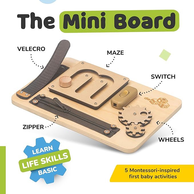 deMoca Sensory Busy Board for Toddlers, Premium Wooden Toddler Busy Board for 1 2 3 Year Old with 10 Educational Activities for Fine Motor Skills, Fidget Activity Toy for Travel Toy (Nature)