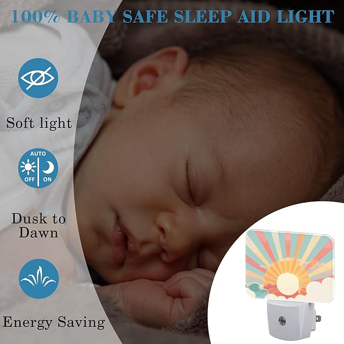 Boho Pastel Sun Night Light Retro Sunrise Nightlight Plug into Wall with Dusk to Dawn Sensor for Kid Girls Boys Women Men Room, Hallway, Kitchen, Bathroom, Stairs Decor