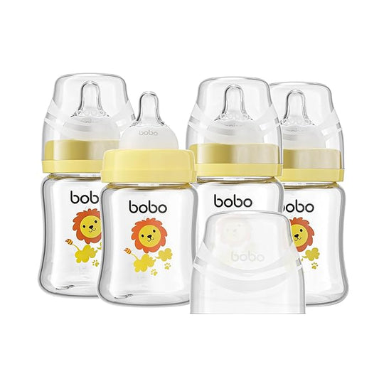 YOHKOH Glass Baby Bottles with Slow Flow Nipple, Newborn Anti-Colic Baby Bottles for 0+ Months, Wide Neck Feeding Bottle, Clear (Yellow, 5oz (Pack of 4))