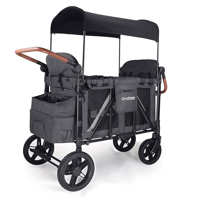 Premium 4-Seater Wagon Stroller for Kids, All-Terrain Heavy Duty Stroller Wagon with 300lb Capacity, 1-Hand Fold, High Seats with 5-Point Harness, Adjustable Canopy & Handlebars, Dark Gray