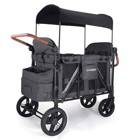 Premium 4-Seater Wagon Stroller for Kids, All-Terrain Heavy Duty Stroller Wagon with 300lb Capacity, 1-Hand Fold, High Seats with 5-Point Harness, Adjustable Canopy & Handlebars, Dark Gray