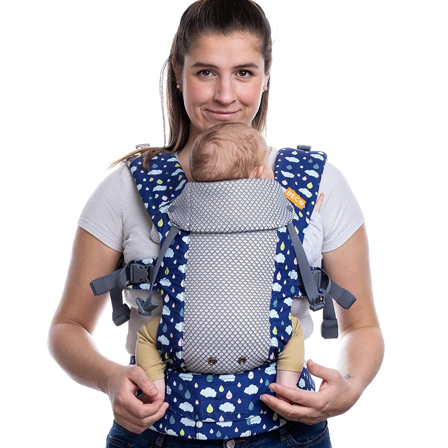 Beco Gemini Baby Carrier from Newborn to Toddler - Certified Ergonomic Newborn Baby Carrier for Infants and Children of 7-35 lbs - M Shape, Adjustable Seat, Breathable 3D Mesh (Cool Rain Drops)