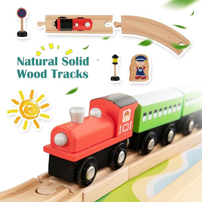 GLACER 84-Piece Train Table, Large Multipurpose Wooden Toy Activity Table Playset with Reversible Detachable Tabletop, Railway Tracks, Trains, Cars, DIY Design, Gift for Boys Girls Ages 3+