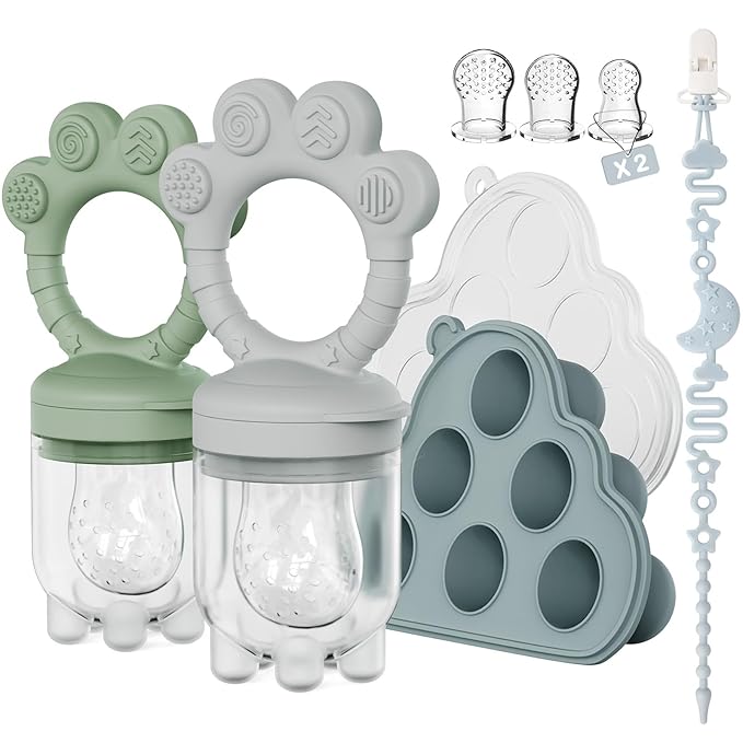 2 Pack Baby Fruit Food Feeder + Breastmilk Popsicle Molds,Baby Teethers,BPA Free,3 Sizes,2mm Fine Holes to Prevent Choking,Perfect for Teething Relief & Infant Solid Food Introduction,3 M+ (Sage/Grey)