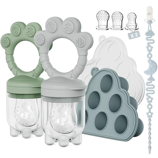2 Pack Baby Fruit Food Feeder + Breastmilk Popsicle Molds,Baby Teethers,BPA Free,3 Sizes,2mm Fine Holes to Prevent Choking,Perfect for Teething Relief & Infant Solid Food Introduction,3 M+ (Sage/Grey)