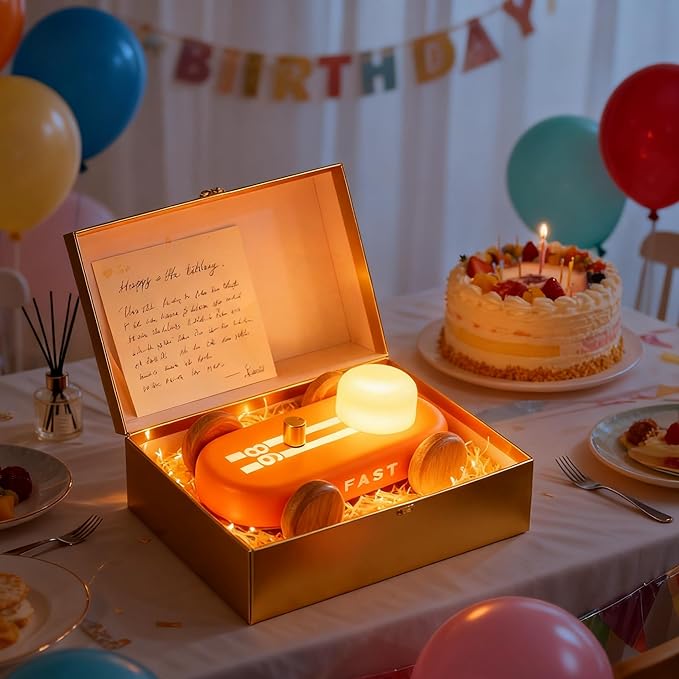 Wooden Go-Kart Night Light for Kids, 7 Color Adjustable, USB Rechargeable (Orange)