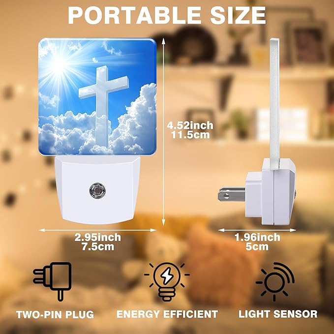 Night Light White Cross in Cloudy Sky Night Lights Plug into Wall Smart Dusk to Dawn Sensor 0.5W Energy Efficient Led Lamp for Men Women Bedroom Bathroom Hallway Stairway Decor