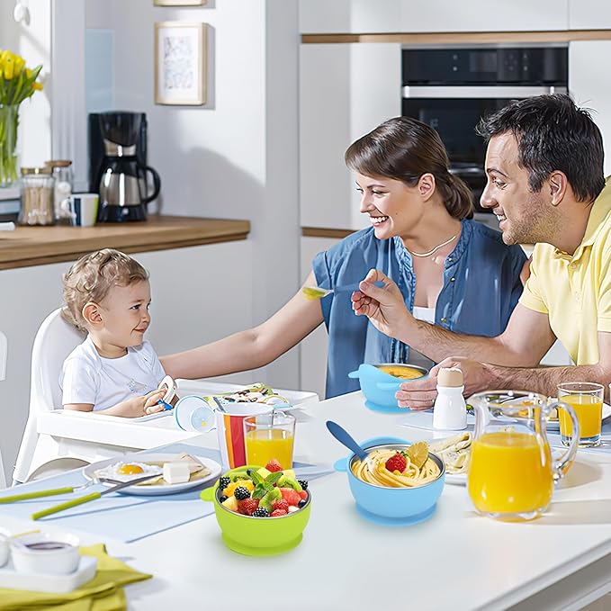 2 Pack Stainless Steel Baby Bowls with Removable Non-Slip Silicone Suction Shell, Anti Scald Food Container for Baby Food Feeding, Forks + Spoons Included -Blue & Green