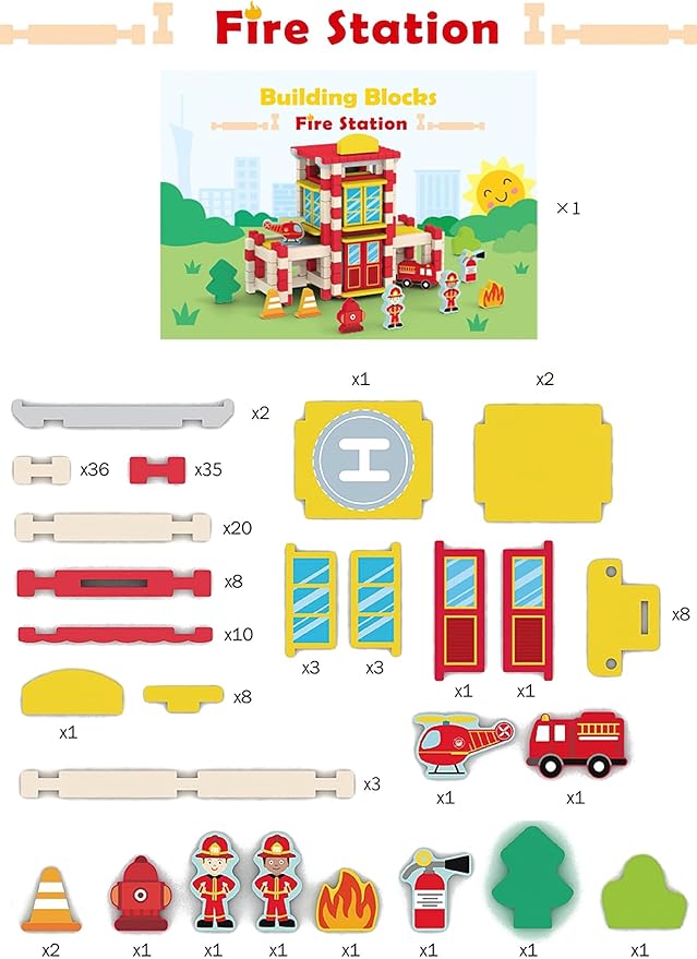 157PCS Wooden Building Blocks Set for Toddlers, Construction City Stacking Toys, Preschool Learning Educational Toys for Kids 3+ Years Girls and Boys (Fire Station)