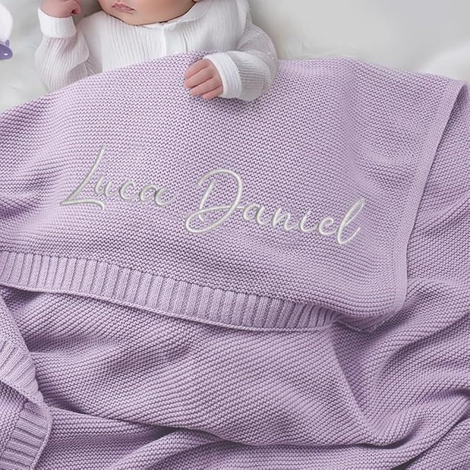 Luxury Personalized Name Knitted Baby Blanket -Embroidered, Soft Breathable Cotton Knit for Newborns - Valentine's Gift for New Moms, Baby Boy Girl Birthday Christmas.