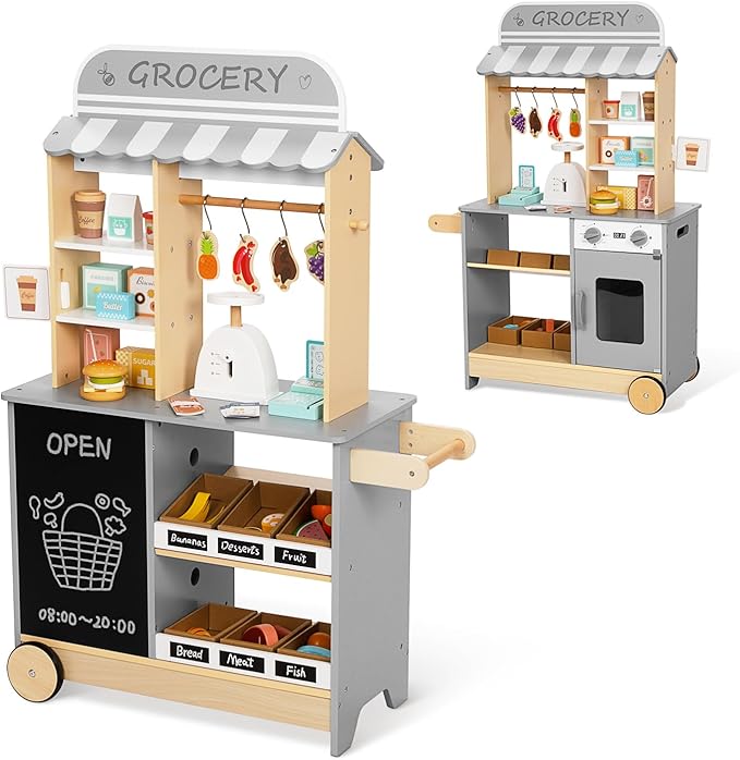 OOOK All-in-One Grocery Store Pretend Play with Chalkboards, Reversible Kids Grocery Store Playset with Oven, Scale, Rolling Wheels, Cash Register and More, for Kids Aged 3+