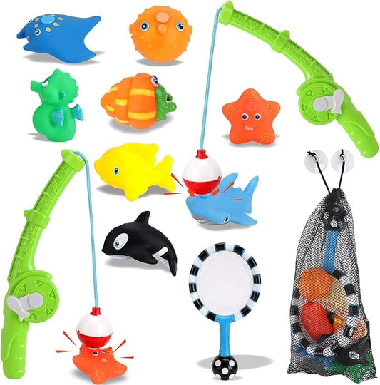 Magnetic Toddler Bath Toys - Kids Fishing Pool Game Set of 2 Fishing Poles, 8 Rubber Sea Animals, & Net - Water Toys with Mesh Organizer Bag