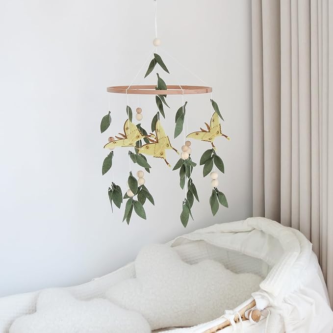 Forest Crib Mobile for Girls Boys, Yellow Butterfly & Green Leaves Baby Mobile for Crib, Butterfly Mobile for Crib Girl, Forest Nursery Mobile