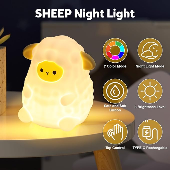 Cute White Sheep Night Light for Kids, 7-Color Changing & 3 Adjustable Brightness Levels,Rechargeable Silicone Bedside Lamp, Animal Night Lamp for Kids Room, Gift for Boys & Girls