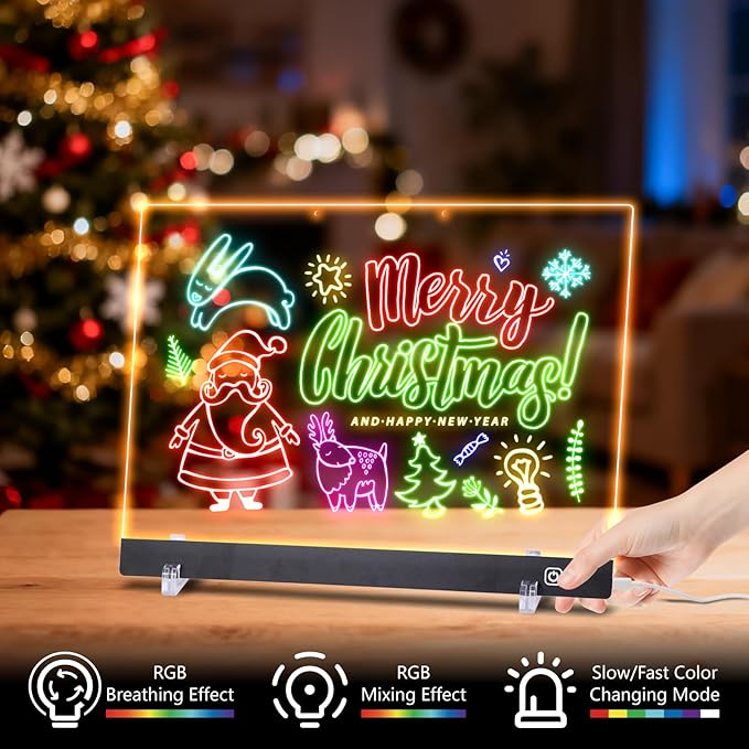 LED Note Board with Colors, Led Drawing Board for Kids, Light Up Acrylic Dry Erase Boards with Stand, Christmas & Birthday Gifts for Girls/Teens (Black, 11.8" x 7.9")