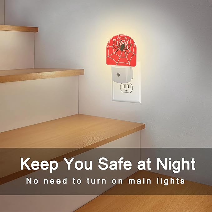 Red Spider Web Night Light Plug into Wall, Black Spider on Web Dusk to Dawn Night Light,0.5w Energy Saving Sleep Friendly Nightlights for Kids Boys Girls Home Decor