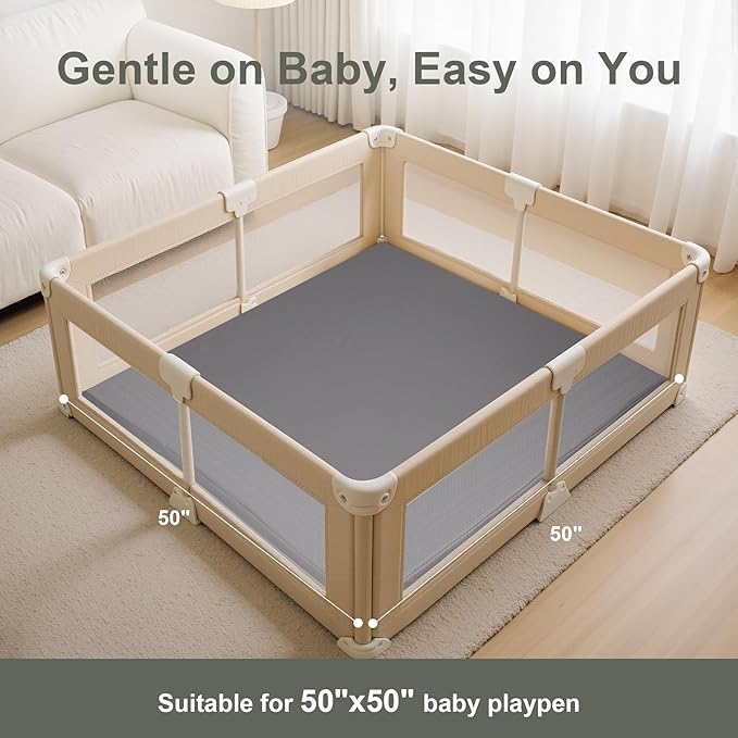 Baby Play Mat for Floor,50x50 Playpen Mat,Non-Slip Leather&Thick Foam Floor Cushion,Removable Waterproof Cover,Easy Care for Baby Crawling,Toddler,Kids,Tummy Time（Grey)