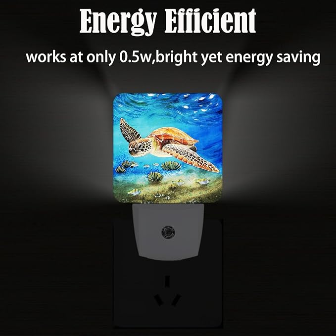 Sea Turtle Corals Fish Night Light,Plug Into Wall for Boys Girls Bedroom Decorative Square Night Light Lamp 0.5w Sleep Friendly