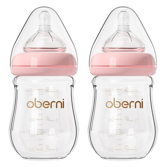 Glass Baby Bottles,Anti Colic Breastfeeding Bottle with Natural Response Nipple Size S,Wide Neck Slow Flow Baby Bottle for Baby,Newborn,Preemie 0-3 0-6 Month,BPA Free (Pink, 2 Pack, 5 Ounce)