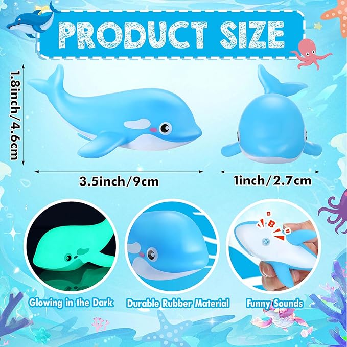 HyDren 48 Pcs Glow in The Dark Rubber Whale Bulk Squeaky Rubber Whale Luminous Mini Sea Animal Toys Bathtub Favors for Classroom Operation Christmas Basket Stuffers Child Gift Bulk(Blue)