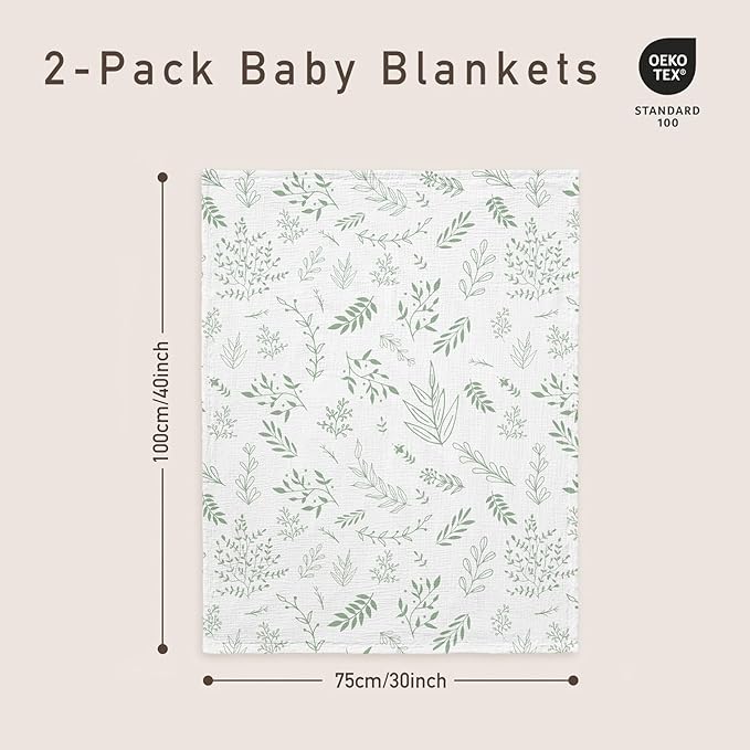 GLLQUEN BABY Blankets for Unisex Boys Girls, 2-Pack Muslin Cotton Front Soft and Breathable, and Dotted Fleece Backing, Printed Bed Nursery Minky Blankets for Toddler Newborn, Greenery,30 x 40 inches