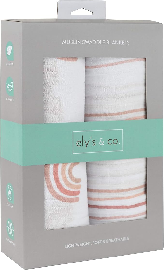 Ely's & Co. Cotton Muslin Swaddle Blanket 2-Pack for Baby Girl — 100% Cotton Muslin Extra-Large Swaddle Blankets (47” x 47”) Dusty Rose Stripes | Rainbows
